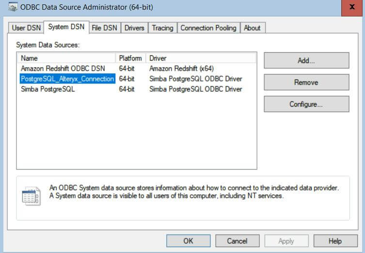 PostgreSQL_Alteryx_Connection and click OK