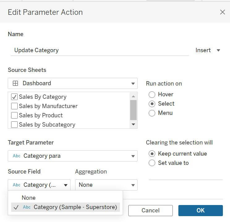 Parameter action to update the blank category