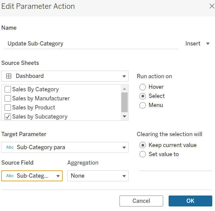 Parameter action to update blank Sub-category parameter when clicked on a particular Sub-category